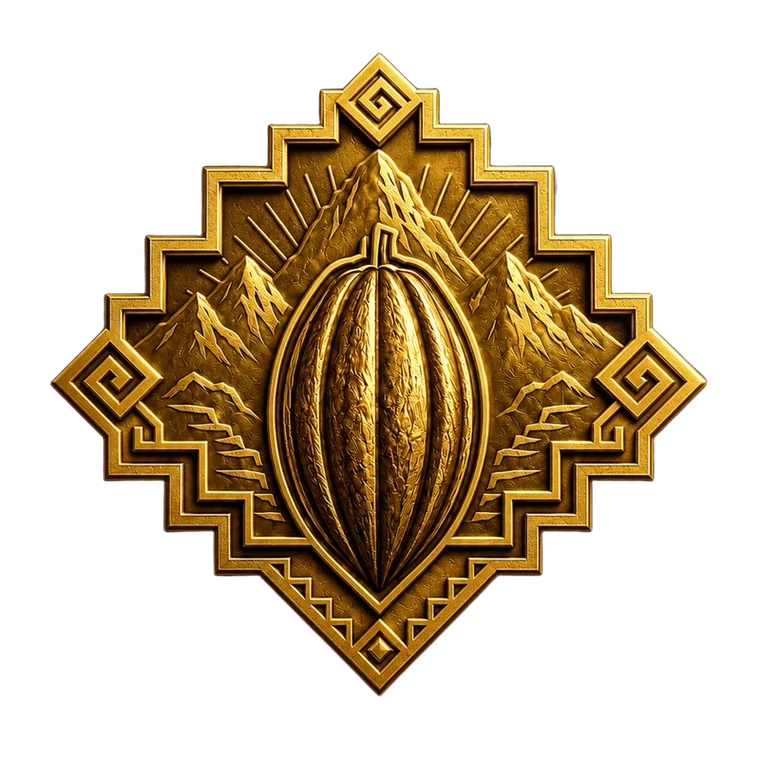 Golden Qhapaq Cacao emblem: an embossed cacao pod inside an Andean geometric frame on a transparent background.