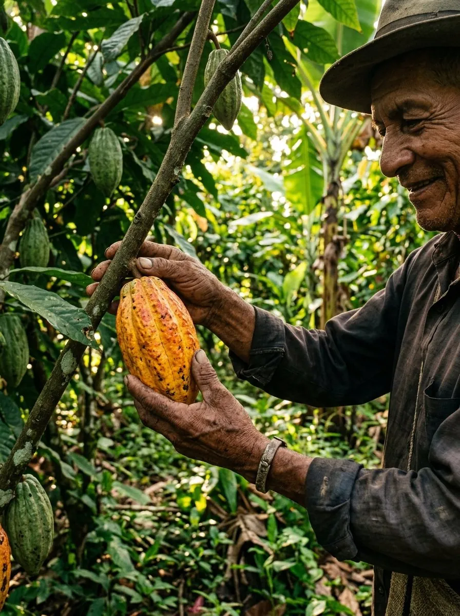 Ecuadorian farmer holding a ripe yellow-red cacao pod at the farm, among the green foliage of the Upper Amazon.
