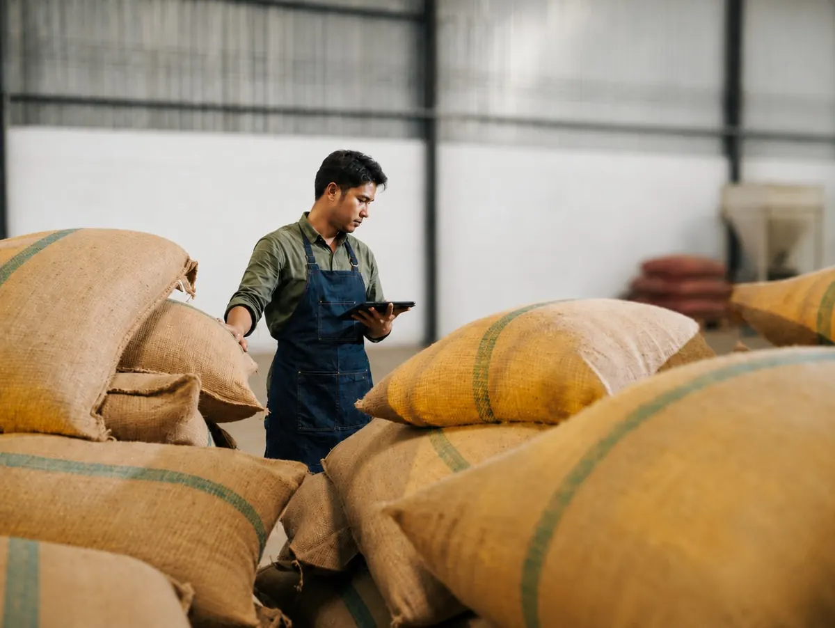 Warehouse operator checking cacao sacks with a tablet for lot traceability control.