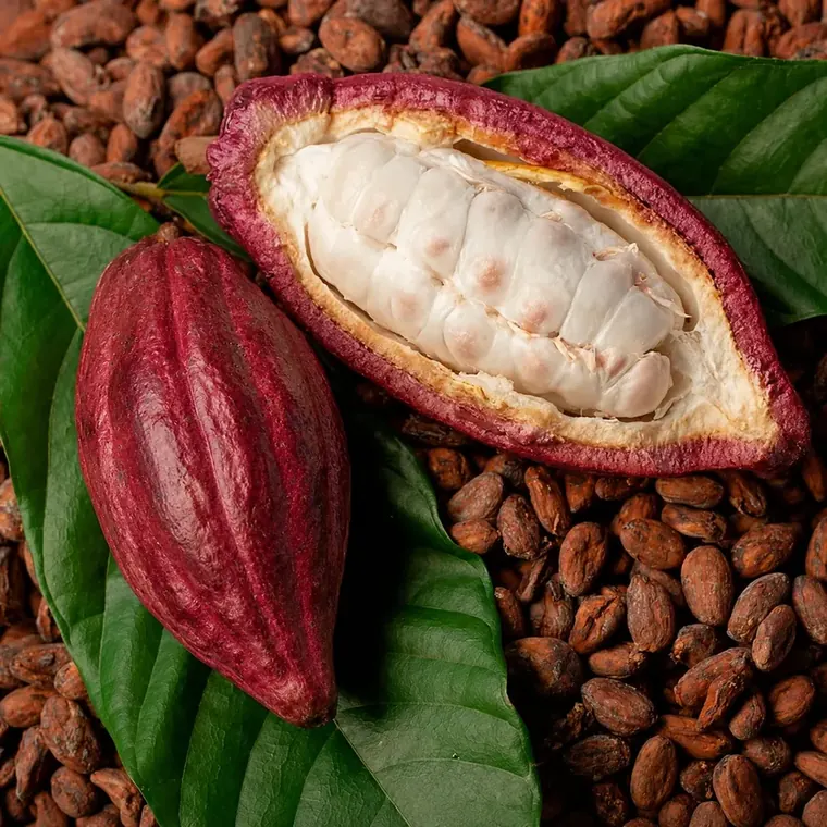 CCN51 cacao pod cut in half showing the white pulp beside dried beans.