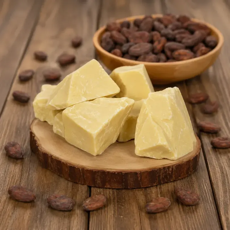 Blocks of cacao butter beside a bowl of cacao beans.