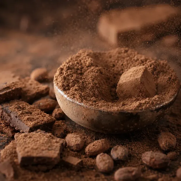 Bowl of cacao powder with pieces of dark chocolate.